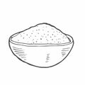 Wooden bowl with food - sketch flour, rice, sea salt, spirulina, spice, potato, oat, sugar, porridge, strach, curry. Doodle hand Royalty Free Stock Photo