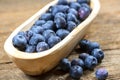 Wooden Bowl of Fresh Blueberries, Nutritious Fruit in Small Bowl Royalty Free Stock Photo