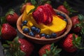 Wooden bowl with fresh fruits salad on dark background. Bowl of fruit salad with berries and mango Royalty Free Stock Photo