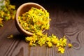 Wooden bowl with fresh hypericum perforatum or St Johns wort flowers