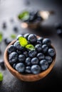 Wooden bowl full of fresh blueberries with herbs Royalty Free Stock Photo