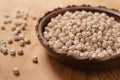 Bowl of cicerale raw chickpeas on wooden table