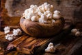 Wooden bowl full of sweet popcorn in wooden vintage bowl on rustic table. Vintage style. Selective focus Royalty Free Stock Photo