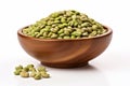 Wooden bowl with green coffee beans. Generate Ai