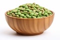 Wooden bowl with green coffee beans isolated. Generate Ai