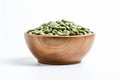 Wooden bowl with green coffee beans on white background. Generate Ai