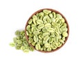 Wooden bowl with green coffee beans on white background, top view Royalty Free Stock Photo