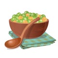 Wooden bowl with green and yellow peas in it