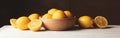 Wooden bowl and lemons against brown background Royalty Free Stock Photo