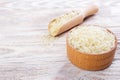 A wooden bowl of long grain white rice Royalty Free Stock Photo