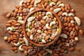 Wooden bowl with mixed nuts on rustic table top view. Healthy food and snack Royalty Free Stock Photo