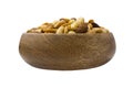 A wooden bowl with mixed nuts on a white background. Healthy food and snacks. Royalty Free Stock Photo