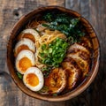 Wooden bowl with noodles, eggs, meat, green onions a tasty dish