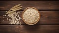 Wooden Bowl Of Oats On Table: Aerial View In 8k Resolution