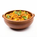 Delicious Curry Dish On Wooden Plate - White Background