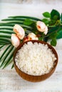 Wooden bowl with sea salt, rose and palm leaf Royalty Free Stock Photo