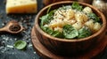 Wooden bowl of spinach gnocchi, cheese, pepper Royalty Free Stock Photo