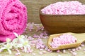 Wooden bowl and spoon filled with bath salt