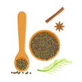 Wooden bowl and spoon of peppercorns, herbs and spices selection. Colorful cartoon illustration