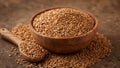 Wooden Bowl and Spoon with Seedlike Objects Texture and Warm Tones, a Still Life Study. Royalty Free Stock Photo