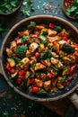 Wooden bowl of stirfried chicken and vegetables on table