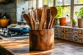 Wooden bowl on table holds several spoons. Generative AI Royalty Free Stock Photo