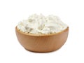 Wooden bowl of tasty cream cheese isolated on white Royalty Free Stock Photo