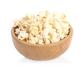 Wooden bowl of tasty pop corn isolated Royalty Free Stock Photo