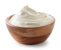 Wooden bowl of whipped sour cream yogurt Royalty Free Stock Photo