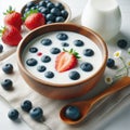 A wooden bowl of yogurt with blueberries and strawberries on a table with a bottle of milk and a spoon.