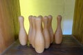 Wooden bowling pins on the bookshelf.