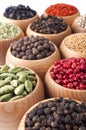 Wooden bowls full of different spices Royalty Free Stock Photo