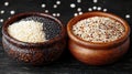 Wooden bowls of quinoa varieties on dark background Royalty Free Stock Photo