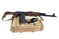 wooden box of ammunition with AK rifle and ammunition Royalty Free Stock Photo