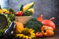 Wooden box with autumn market fresh crop vegetables