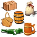 Wooden box, barrel, canvas sack with bulk product, picnic basket, broken bottle and beer mug Thematic six icons isolated