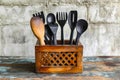 Wooden box with black plastic spoons and forks inside of it. Generative AI Royalty Free Stock Photo