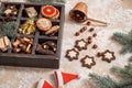 wooden box with Christmas symbols, top view, close-up