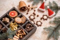 wooden box with Christmas symbols, top view, close-up