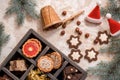 wooden box with Christmas symbols, top view, close-up