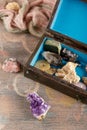 Wooden box with collection of rocks and minerals Royalty Free Stock Photo