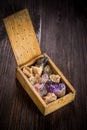 Wooden box with collection of rocks and minerals Royalty Free Stock Photo