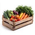 wooden box container with verious fresh vegetables isolated on white Royalty Free Stock Photo