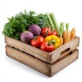wooden box container with verious fresh vegetables isolated on white Royalty Free Stock Photo