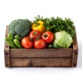 wooden box container with verious fresh vegetables isolated on white Royalty Free Stock Photo