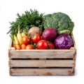 wooden box container with verious fresh vegetables isolated on white Royalty Free Stock Photo