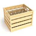 Wooden box with empty beer bottles.