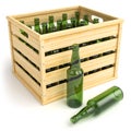 Wooden box with empty beer bottles.