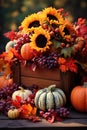 wooden box filled with autumn harvest pumpkins, apples, grapes, sunflowers, centered, autumn leaves AI generated