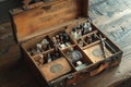 A wooden box filled with a diverse assortment of different items neatly arranged and stacked, A vintage medical kit with a rustic Royalty Free Stock Photo